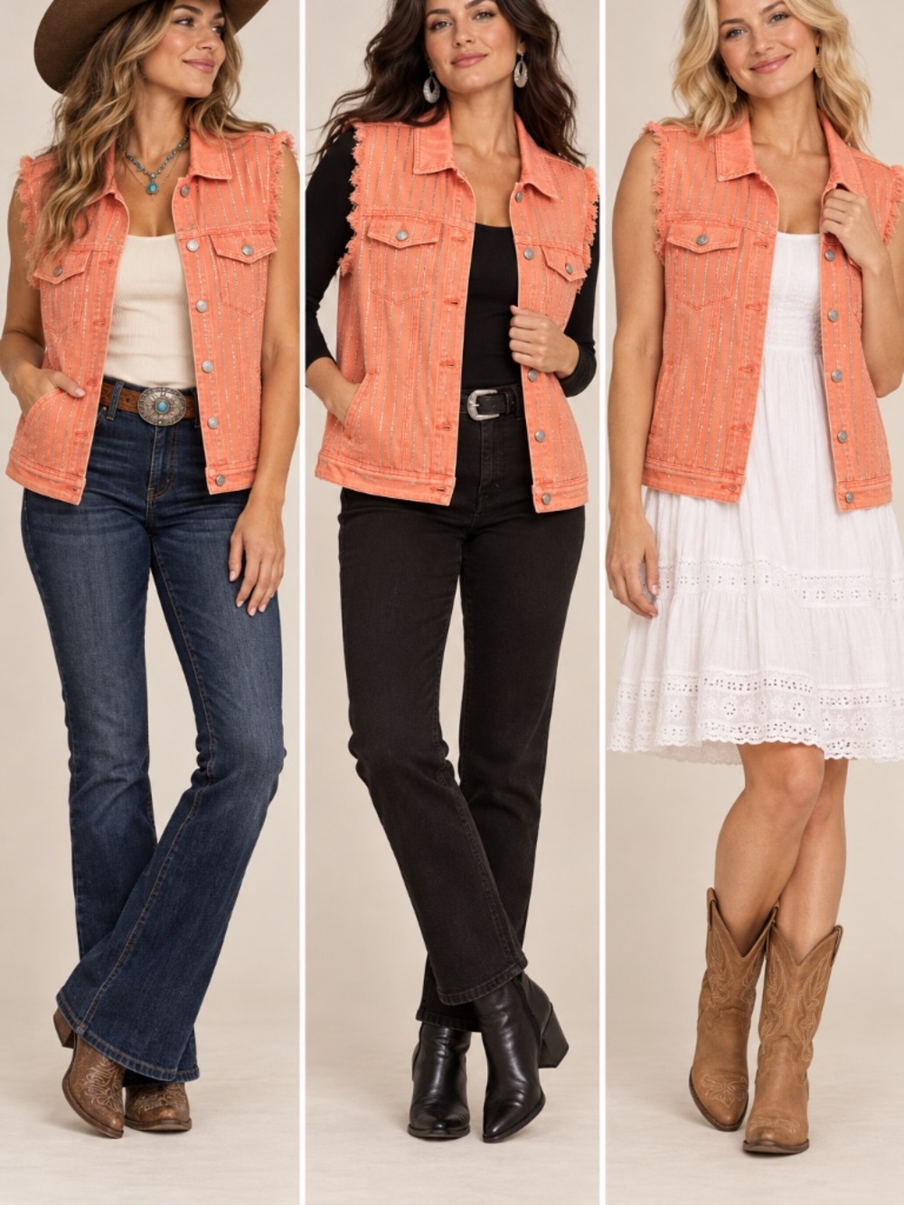 Blue B Coral Rhinestone Stripe Denim Vest